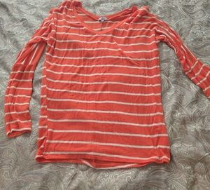 Charlotte Russe Coral and Cream Striped Long Sleeve Top